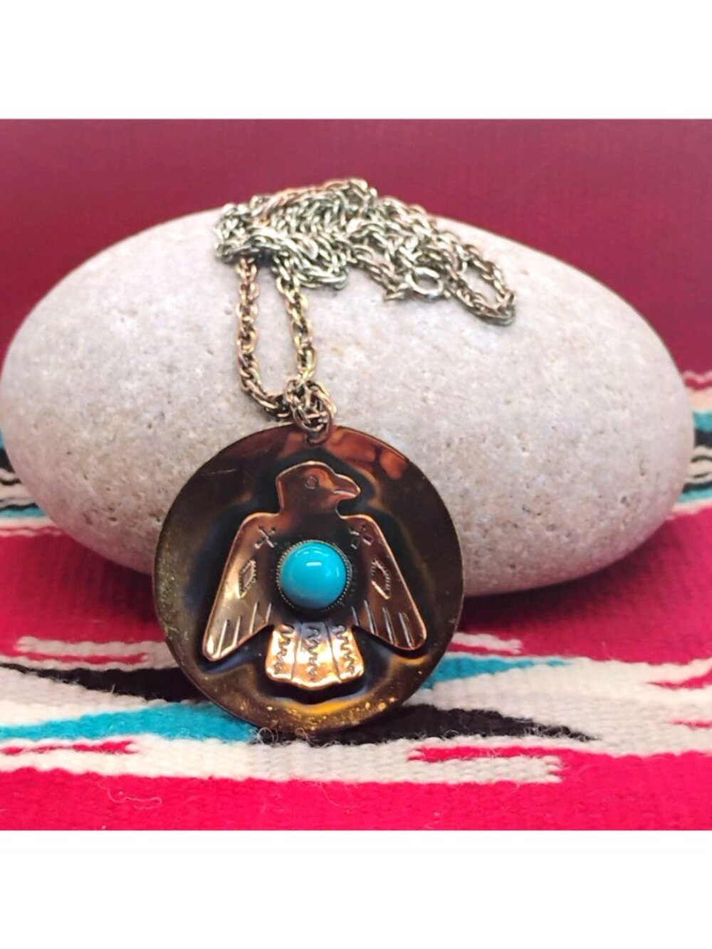 Vtg Copper Thunderbird Medallion Pendant Necklace w/Faux Turquoise 2" Diameter - Picture 2 of 5
